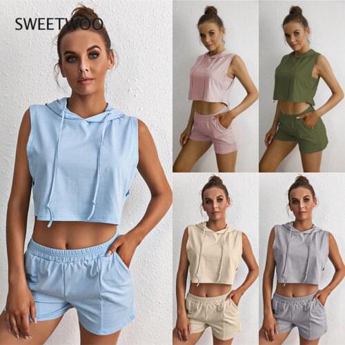 Two piece Suit summer 2021 new hooded sleeveless style pocket casual vest shorts suit 2-piece set For women clothes