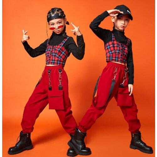 Red Hip Hop Dance Clothes For Kids Teenage Girl Clothing Stage Costume Jazz Dance Wear K-pop Outfits Designer Clothes JL2298