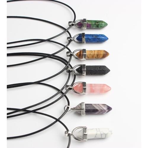 Lanli hexagonal column necklace natural crystal pendant Stone Pendant Leather Necklace mens and womens fashion jewelry Amulet
