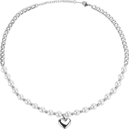 Stainless Steel Fashion Women Pearl Delicate Bead Heart Pendant Necklace Jewelry Gift For Him Best Valentines Day Gift