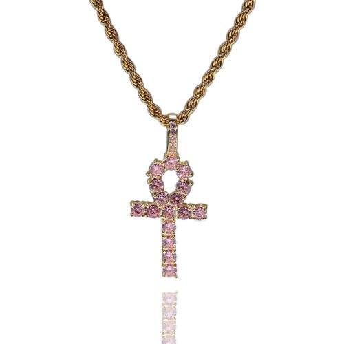 Hip Hop Mens Iced Out Rainbow Stones Ankh Cross Pendant Necklace Fashion Jewelry Gift For Him with Chain