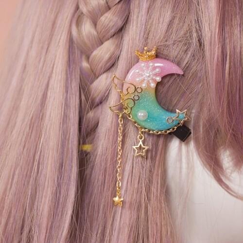 Handmade Soft Girl Resin Hair Clip Moon Gradient Pearl Stars Crown Fish Mouth Clip Edge Clip Hair Accessories Headdress Tassels
