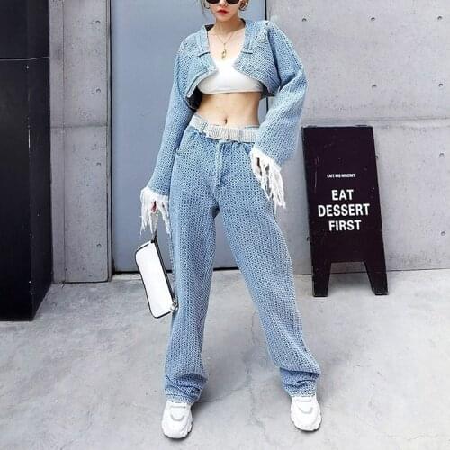 2021 Autumn New Womens Two-piece Set with Fringed Long-sleeved High-waist Short Denim Womens Straight Jeans Fashion Suit