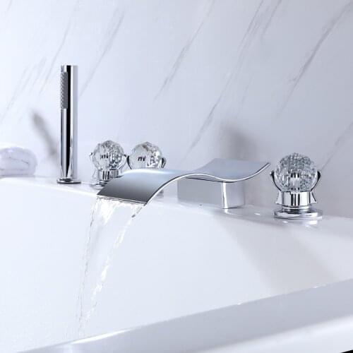 Waterfall Bathtub Faucets Modern Deck Mount 5-Hole Crystal Handle Tub Faucet Roman Tub Filler Faucet with Handheld Shower Chrome