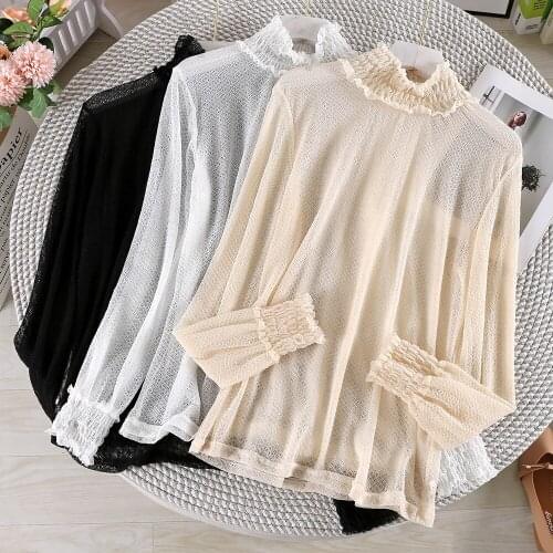 Elegant Women Autumn Flare Sleeve Mesh Gauze Tulle Basic Hollow Out Lace Ruffles Shirt Vintage Elastic Slim Pullover Blouse Tops