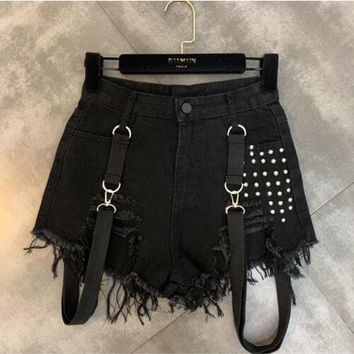 Happiness Plum 2020 Summer Autumn New Beading Shoulder Strap Trend Female Black Denim Shorts