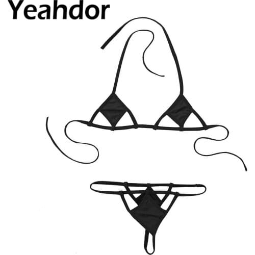 Women Swimwear Exotic Cover Mini Micro Bikini Set Halter Neck Self-tie Bra Top with G-String Briefs Underwear Sexy Lingerie Suit
