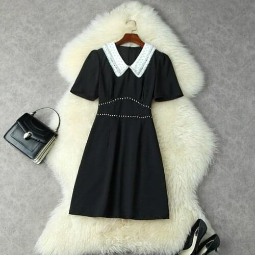 Mini Dress Summer Women 's 2021 New Hepburn Style Peter Pan Collar With Diamonds Short Sleeved Simple Patchwork A-Line Dresses