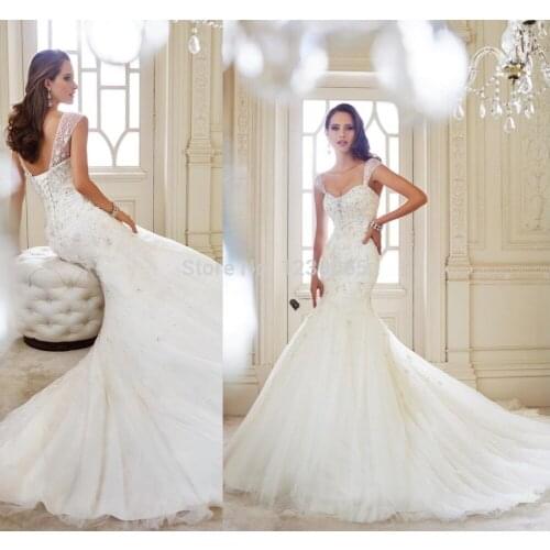 Free shipping long romantic Bridal Gown boda 2016 casamento beading vestido de noiva sexy backless mermaid wedding dress bride