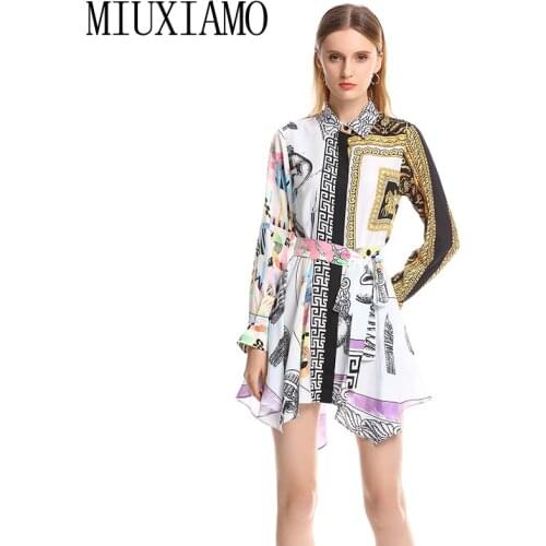 MIUXIMAO High Quality 2019 Summer Beach Dress vintage Newest Face Print Daimonds Eleghant Casual Dress Women vestido With Belt