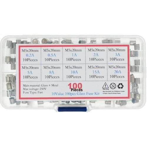 100Pcs Set 5x20mm M5 Quick Blow Glass Tube Fuse Assorted Kits,Fast-blow Glass Fuses