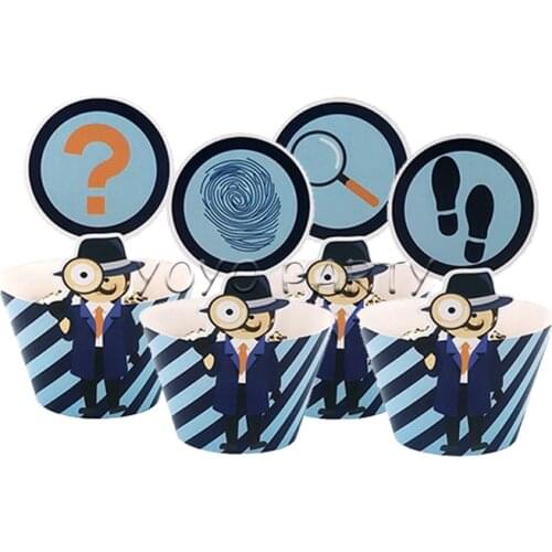 24pcs Cupcake Decoration 12pcs Wrappers 12pcs Toppers For Children KidsDetective Spy Secret Agent Birthday Party Supplies