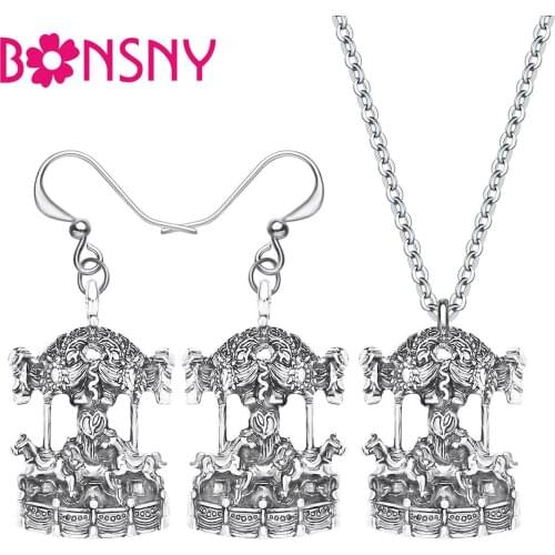 Bonsny Alloy Antique Gold Plated Merry-go-round Carrousel Horse Jewelry Sets Cute Animal Earrings Necklace For Girl Fashion Gift