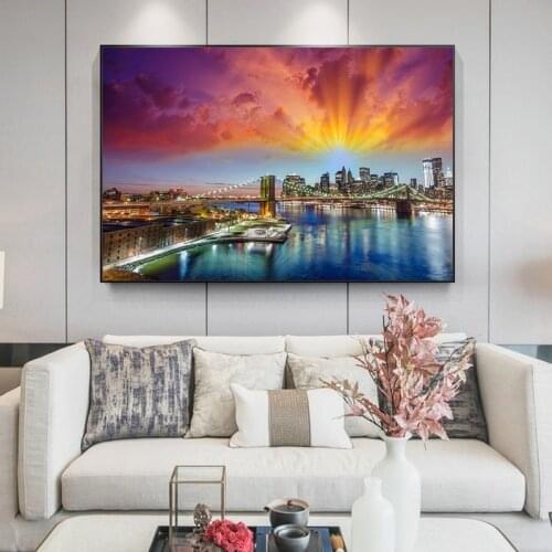 Brooklyn Bridge Night View Landscape Canvas Paintings on the Wall Art Posters and Prints New York City Art Pictures Home Decor