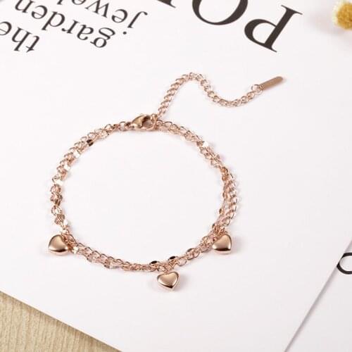 Rose Gold Color Glossy Heart Two Lines Chain & Link Multi-Layer Statement Bracelet Stainless Steel Luxury Jewelry No Fade