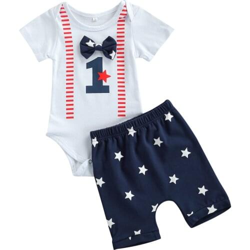 Baby Independence Day Clothes Set, Boys Letter Print Short Sleeve O-neck Romper + Star Prints Shorts
