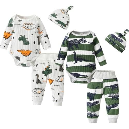 Dinosaur Clothes For Boys Baby Clothing Sets Knitted Ribbed Newborn Baby Romper Pants With Hat 3pcs Infant Baby Boy Toddler Sets