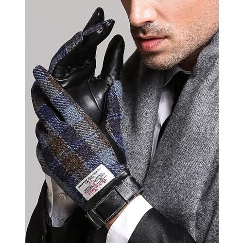 Gentlemen winter warm harris scottish rough wool men winter natural leather gloves drive touch screen
