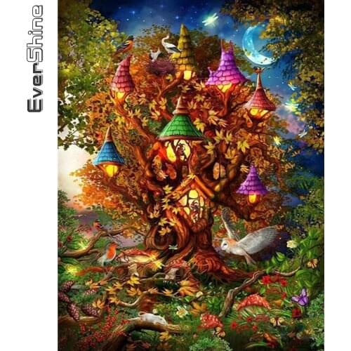Evershine Diamond Painting House 5D DIY Diamond Mosaic Tree Scenery Cross Stitch Owl Rhinestone Picture Halloween Gift