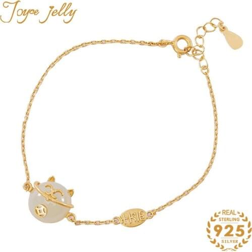 JoyceJelly Women Bracelet for Wedding Jewelry 925 Sterling Silver Natural Jade Lady Fortune Cat Retro Party Gifts Wholesale 2020