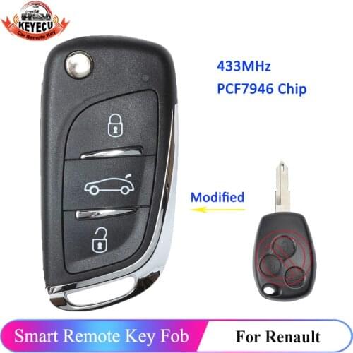 KEYECU Replacement Upgraded Flip Remote Car Key Fob 3 Button 433MHz PCF7946 for Renault Kangoo Traffic Clio Kangoo II 2006-2010