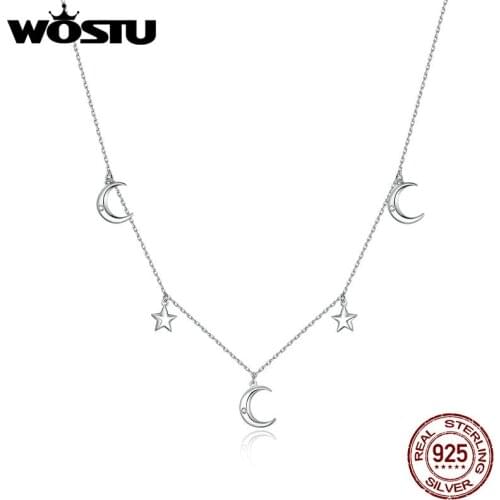 WOSTU Hot Sale 100% 925 Sterling Silver Moon & Star Silver Long Chain Necklace for Women Korean Fashion Earrings Jewelry CQN411