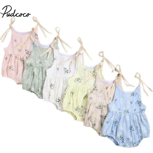 Newborn Summer Sleeveless Romper, Baby Girls Tie-up Plant Pattern U-shaped Neck Playsuit