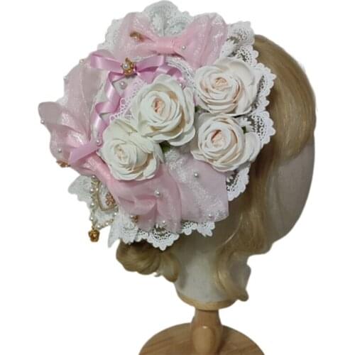 Lolita Lace Bonnet Top Hat Shiny Bow Rose Flower Pendant Kawaii Hair Accessories