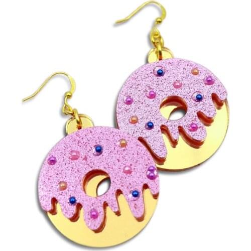 Fashion Cute Pink Pearl Glittery doughnut Acrylic Drop Earrings For women New Shine Gold Round Dangle Earring E18133