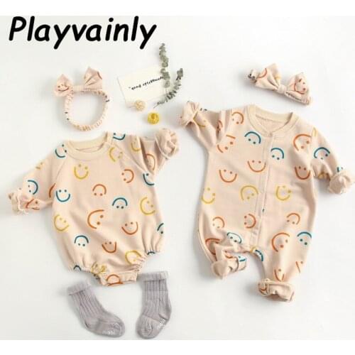 2020 Autumn New Baby Girl Bodysuit Smile Print Cotton Long Sleeve Jumpsuit Romper with Headband Newnorn Clothes 0-3Y E2069