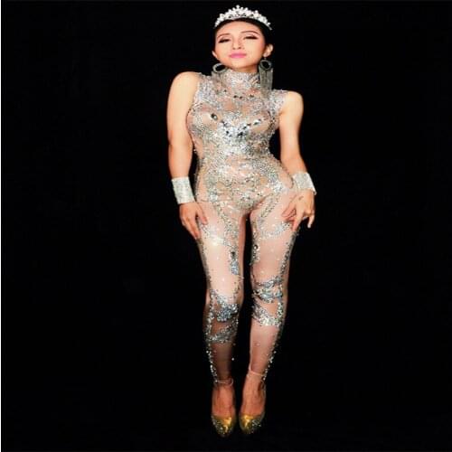 D60 Sexy female ballroom dance costumes stage perform dress Rhinestone bodysuit dj crystal jumpsuit bar outfit diamonds clothing