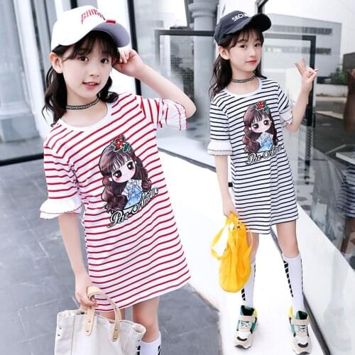 Kids Girls Dress Cotton Striped Short sleeve Girls Clothing summer Casual Children Girls Dress 4 5 6 7 8 9 10 11 12 13 14 Years