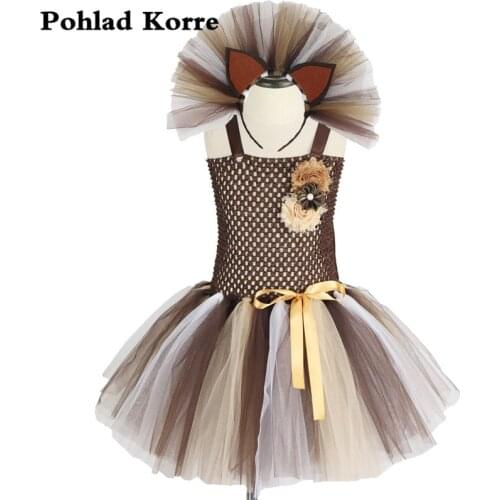 Girls Lion Tutu Dress Flowers Headband Vestidos Cosplay Animal Halloween Costume Kids Clothes Birthday Party Dresses Photo Prop