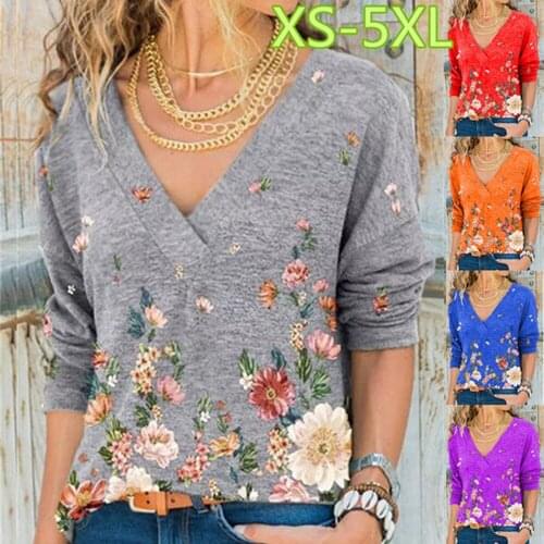 V-neck Pullover Print Long-Sleeved Top T-shirt Womens Summer Cotton Spun Floral Print Tops Summer 2021 New