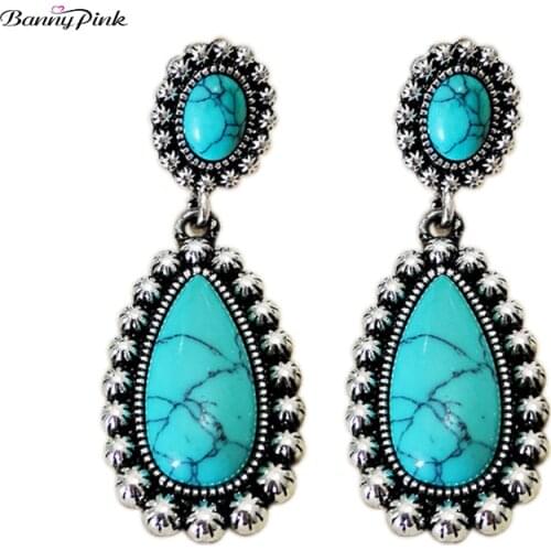 Banny Pink Bohemia Turquoises Earrings For Women Vintage Stone Waterdrop Stud Earrings Ethnic Geometric Statement Earring Brinco