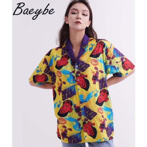 Summer Male&Female Couples Matching Casual Clothing Aloha Shirts Cartoon Printed Button Up Turn-Down Collar Short Sleeve Shirt