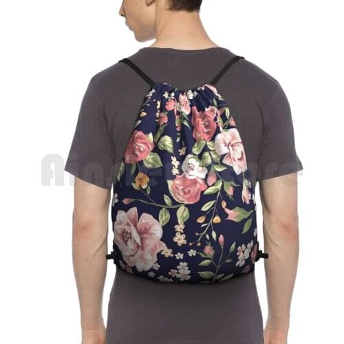 Floral Backpack Drawstring Bag Riding Climbing Gym Bag Floral Flower Allover Dark Blue Roses Vintage Trend Beige Luxury