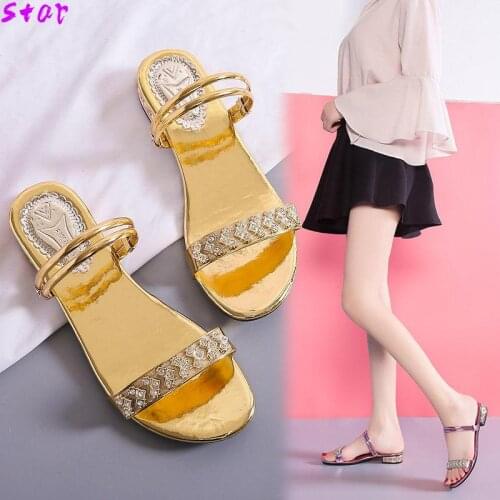 Two Wear Womens Sandals Summer 2021 New All-match Casual Low-heeled Large Size 42 Rhinestone Womens Sandals And Slippers