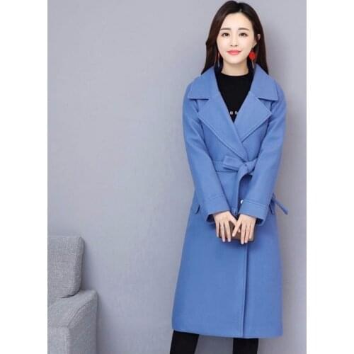 Woolen Coat Womens Mid-Long 2020 Autumn Winter New Slim Long-Sleeved Over-the-Knee Ladies Solid Woolen Outwear Plus Size 3XL