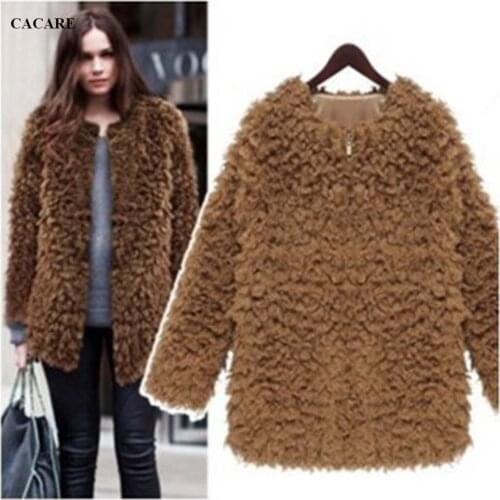 Fashion Faux Fur Coat Women Fake Furry Fur Jacket Korea Sheepfold Velvet Camel CACARE F0222 Zipper Long Sleeve