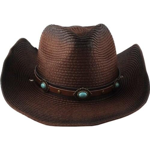 European and American curled straw woven western era cowboy hat summer seaside beach sunscreen Panama Fedora hat sun hat