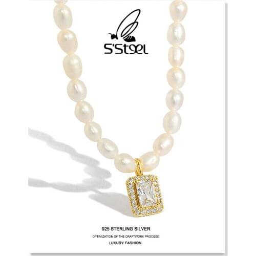 SSTEEL Freshwater Pearl Gift For Women 925 Sterling Silver Luxury Designer Zircon Pendants Necklace Fine Jewellery