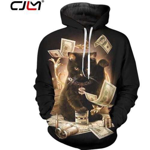 CJLM Animal Hoodies Black New Arrivals Fashion Men Dollars Cat Printed 3d Sweatshirts Casual Hip Hop Crewneck Pullovers Jumpers