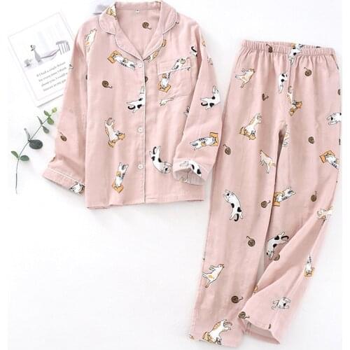 Ladies Pajamas Clothing Sets 2 Piece Woman Set Cotton Cartoon Cat Pyjamas Turn-down Neck Shirt+Pant Suit Comfort Nature HomeWear