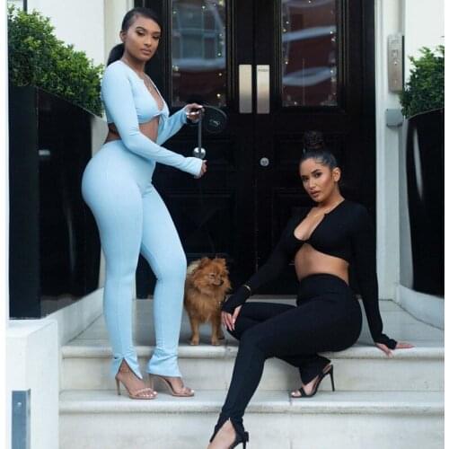 FUFUCAILLM Women Sexy Set Solid Color Long Sleeve V-neck Crop Top + High Waist Tight Pants 2020 Fall Tracksuits Casual Outfits