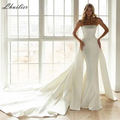 Lhuilier Womens Strapless Mermaid Satin Wedding Dresses 2020 Floor Length Sleeveless Bridal Gowns with Detachable Train