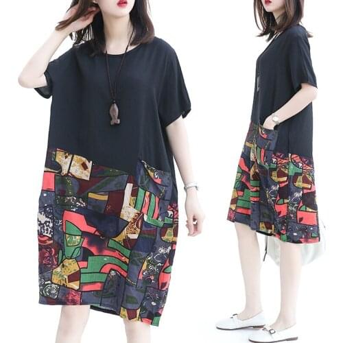 Ethnic Dresses Summer 2019 Female Loose Vintage Dress Short Sleeve Print Floral Beach Dress Midi Elegant Chinese Dresses TA1648