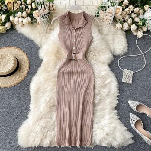 OCEANLOVE Dress Knitted Sexy Club Sheath Bodycon Dresses Women Solid Sashes Stretch Button Vestidos 2020 Summer Robes 17282