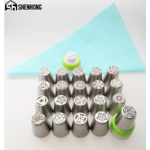 20PCS Russian Icing Piping Tips +1 Pastry Bag + 2 Adaptor Converter Stainless Steel Cake Decorating Nozzles