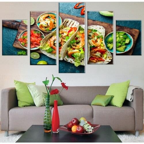 Home Decor Painting Wall Art Frame Restaurant Kitchen Posters Pictures 5 Pieces Mexican Food Shrimp Taco Fruit HD Printed Canvas